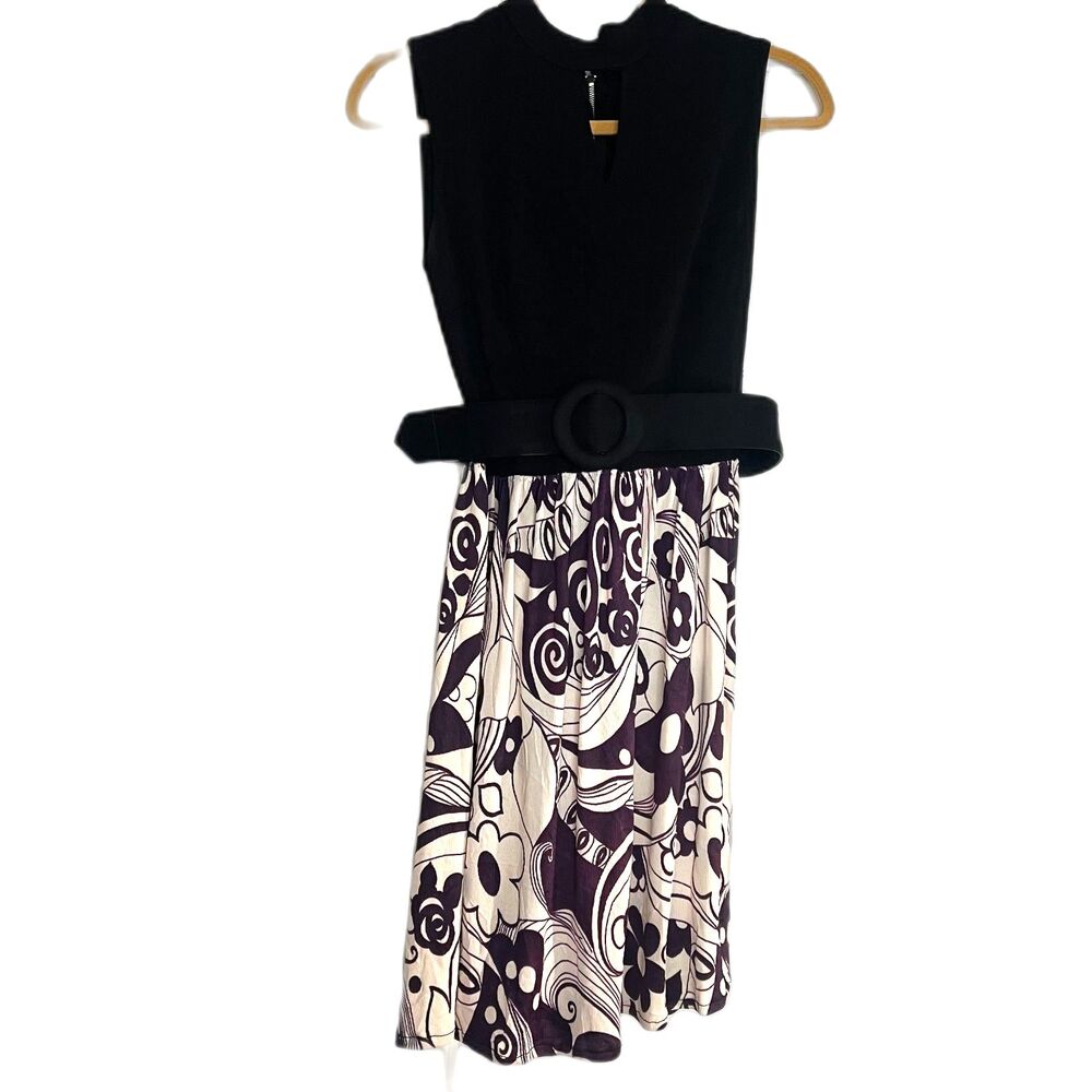 VTG Early 60s Mod Mini Dress Black Keyhole Purple Flower Print Swirl Skirt Belt